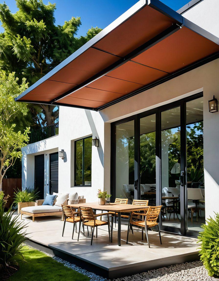 A bright outdoor scene featuring a modern home with a stylish, innovative awning providing shade over a cozy patio. People enjoy their time outside, surrounded by lush greenery, while sunlight filters through the awning, creating playful patterns on the ground. A close-up view of the awning’s sleek design showcases its functionality and aesthetic appeal. Include a clear blue sky in the background. realistic. vibrant colors.