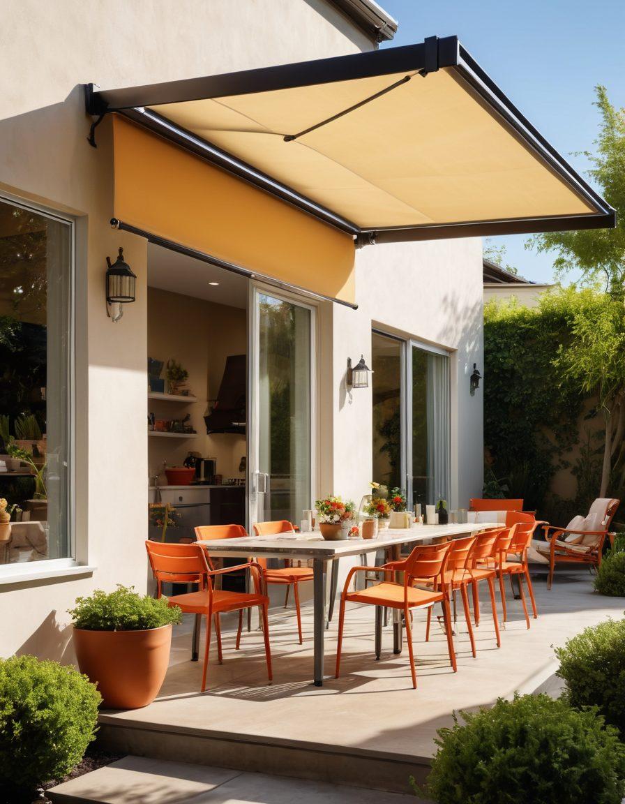 An elegant outdoor scene showcasing a variety of stylish awning products, including retractable awnings, patio canopies, and window shades, each in diverse colors and patterns. The setting features a cozy café, a modern home, and a vibrant garden, highlighting how these awnings enhance aesthetics and functionality. Bright sunlight filters through, casting playful shadows, while people enjoy their day under the protective shade. super-realistic. vibrant colors. sunny ambiance.