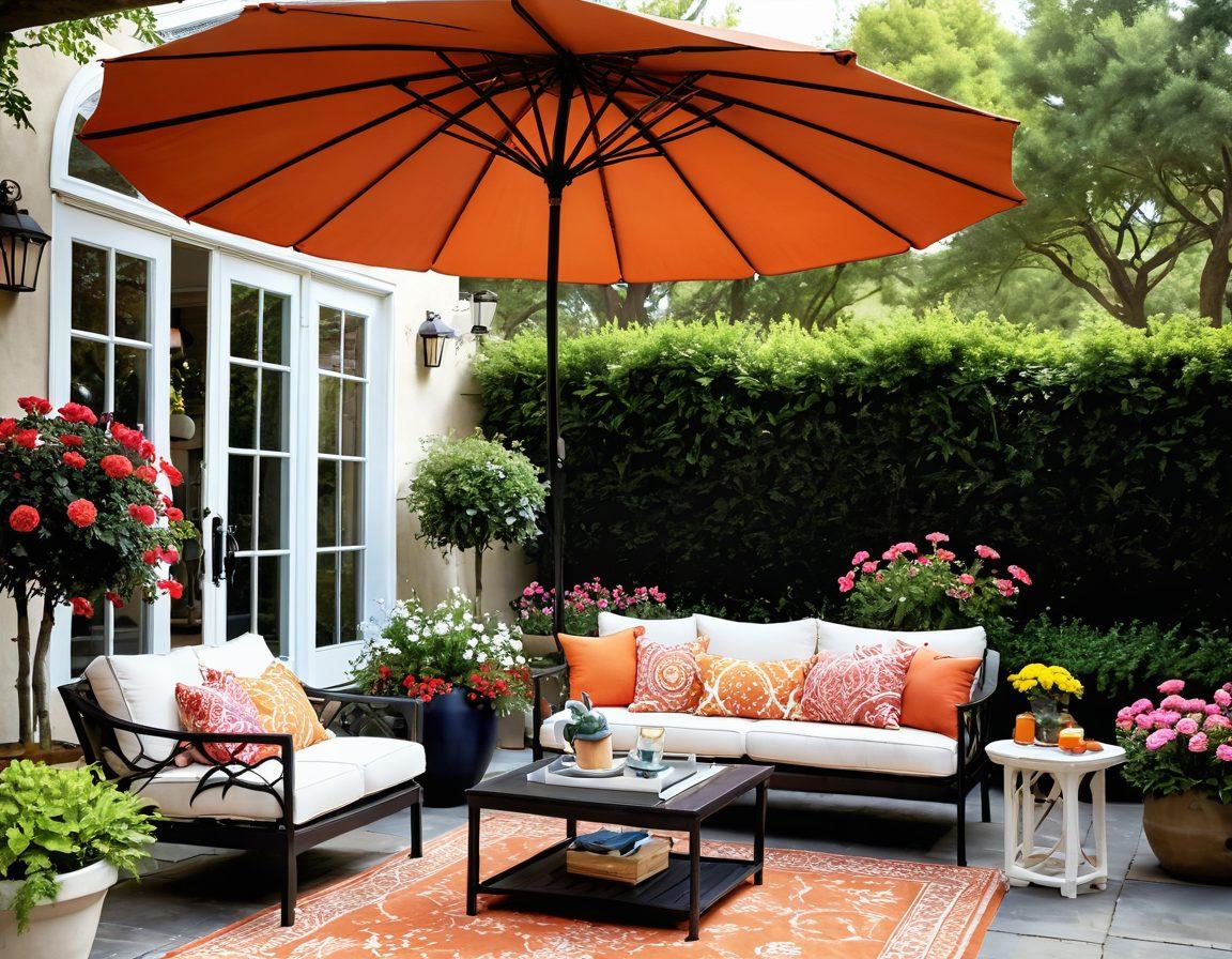 A beautifully transformed outdoor space showcasing various shade solutions such as elegantly designed awnings, colorful patio umbrellas, and natural shade from trees. Include cozy seating areas with patterned cushions, blooming flowers in planters, and gentle sunlight filtering through the shade. The scene should evoke a sense of relaxation and enjoyment in an inviting garden setting. super-realistic. vibrant colors. bright background.